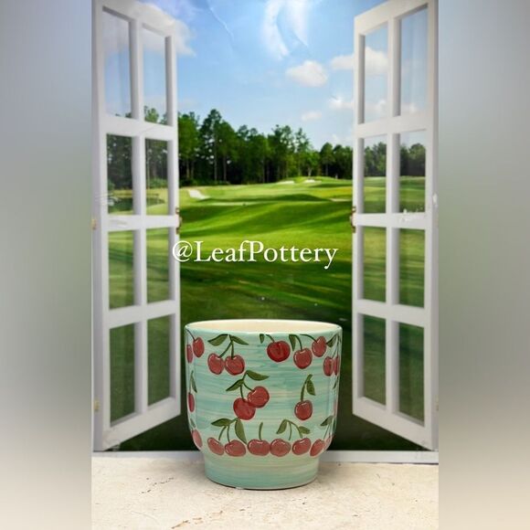 Cherry Patterned Blue/Red Ceramic Planter without drainage hole - Picture 6 of 9